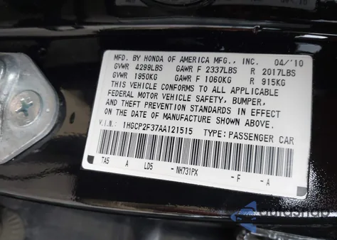 2010 Honda Accord 2.4 Lx from USA, damaged, VIN 1HGCP2F37AA121515